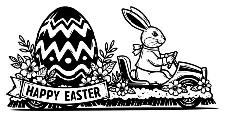 Fototapeta premium Happy Easter banner with decorated egg and bunny driving a vintage car vector illustration