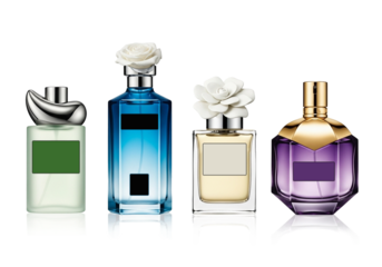 Assorted luxury perfume bottles in elegant product photography layout with reflections, beauty studio. png isolated on transparent background