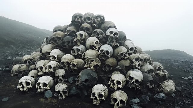 Halloween holiday promotion theme. Spooky scaring. A large pile of skulls on a rocky terrain with a misty backdrop. The skulls are piled high and appear to be in a state of disrepair.