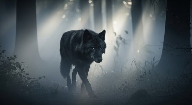 Mysterious black wolf prowling through a dark and foggy forest with light rays.