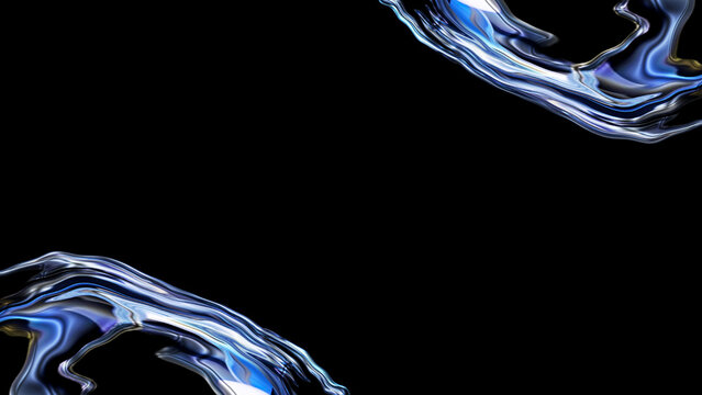 Dynamic floating chrome fluid splashes on black background with reflective metallic water ripples and high contrast liquid aesthetic elements