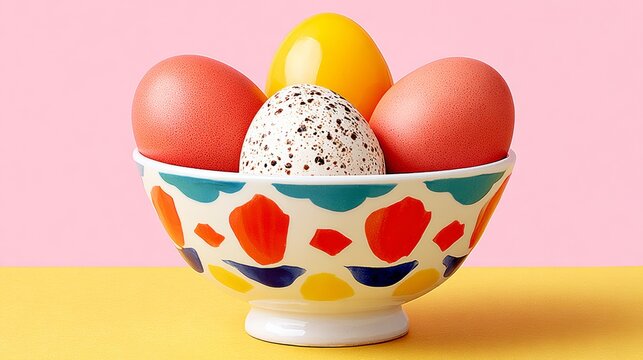 A bowl of eggs and a white egg yolk sits on a yellow table. The bowl is decorated with colorful patterns and the eggs are arranged in a way that makes them look like they are in a nest - Powered by Adobe