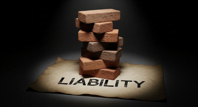 Liability concept: Stack of bricks teetering precariously over the word liability