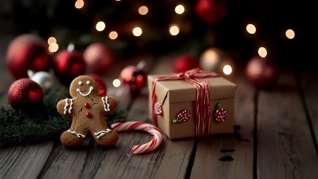Winter holiday celebration concept. Christmas New Year. A festive holiday scene featuring a gingerbread man figurine with white icing and red buttons.