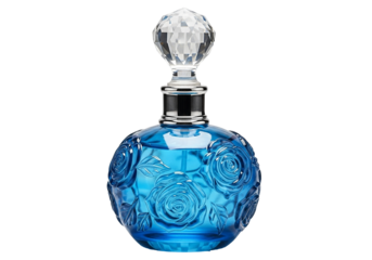 Luxurious blue glass perfume bottle with engraved roses and crystal stopper, elegant, feminine, png isolated on transparent background