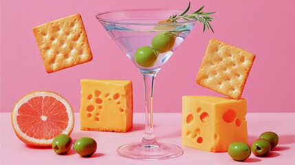A glass of martini with olives and cheese on a table. The cheese is cut into cubes and the olives are scattered around the glass