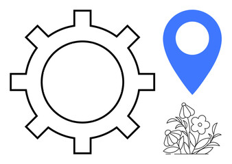 Navigation, location services, environment, technology, engineering, nature . Gear icon, blue location pin and flower sketches. Navigation and environmental connection concept