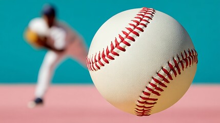 A baseball is in the air and a baseball player is throwing it. The baseball is white and red
