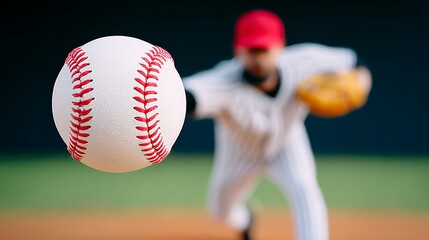 A baseball player is throwing a ball with his right hand. The ball is white and red. The pitcher is wearing a red hat