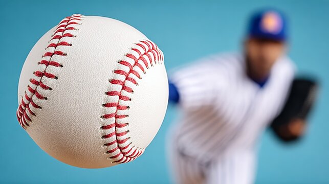 A baseball pitcher is throwing a ball with a white and red stitching. The pitcher is wearing a blue and white striped shirt