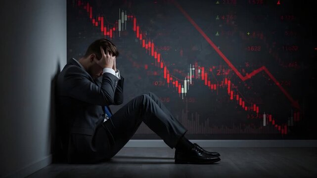 A man in deep despair sits with his head in his hands, against a backdrop of financial downturn. The setting evokes a sense of despondency and the weight of economic hardship