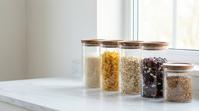 glass jars with different grains and pasta on kitchen counter in natural light setting - Powered by Adobe