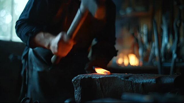 Blacksmith Hammering Red Hot Metal in Vintage Forge Workshop.