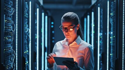 Woman monitoring data on tablet in server room. IT professional checking network systems. Digital technology and cybersecurity concept in high-tech environment. - Powered by Adobe