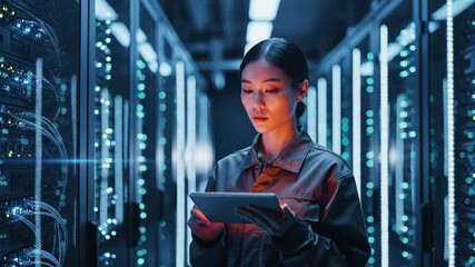 Asian woman engineer reviewing data on tablet in server room. Focused technician monitoring systems in high-tech data center. Digital infrastructure maintenance and cybersecurity innovation concept. - Powered by Adobe