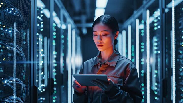 Asian woman engineer reviewing data on tablet in server room. Focused technician monitoring systems in high-tech data center. Digital infrastructure maintenance and cybersecurity innovation concept.
