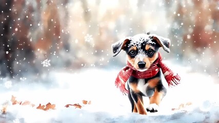A watercolor painting of a dog in a snowy forest setting. The dog is wearing a red scarf and is surrounded by snowflakes falling from the sky.