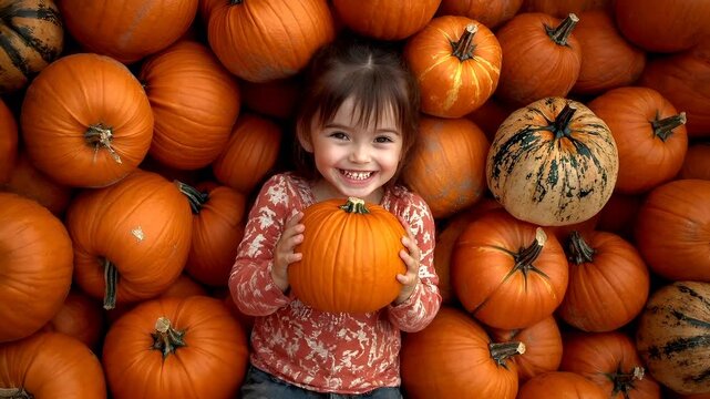 A young girl is surrounded by a plethora of pumpkins. The girl holds a pumpkin in her hands, and her face is partially obscured by the pumpkins.