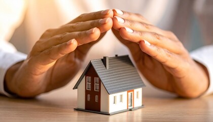 Hands protecting a miniature house, symbolizing home insurance, real estate investment, and property security.