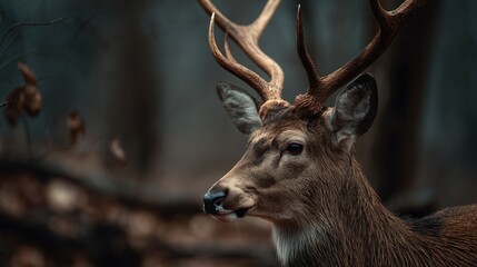 Obraz premium Noble Stag Portrait: Majestic Deer in Forest Setting Close-Up