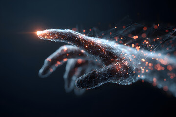 Digital hand reaching out with glowing particles in a dark background at night