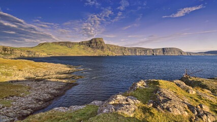 Waterstein Head (296m) and Ramasaig Cliff (240m) across Moonen Bay seen from Neist Point, lighthouse-supplying-crane remains at right. Skye-Scotland-150 © rweisswald