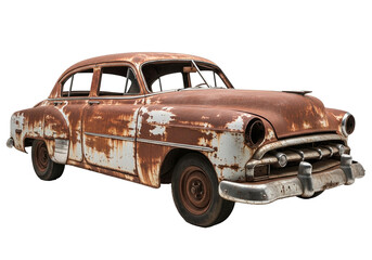 Vintage 1950s Chevrolet Sedan, Rusted Classic American Automobile, Abandoned Vehicle png isolated on transparent background