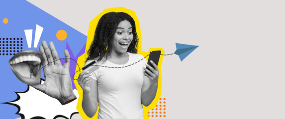 A joyful individual looks at their smartphone, expressing delight and engagement. Colorful elements...