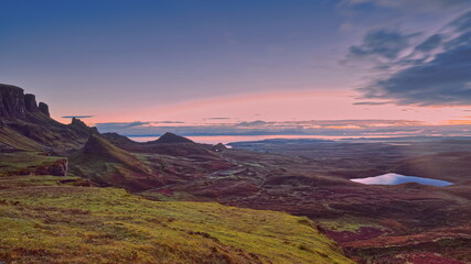 The Quiraing landform below Meall na Suiramach crest with (L-R) The Needle and The Prison rocks, Cnoc a Mhèirlich and Dùn Mòr hills. Skye-Scotland-158 © rweisswald