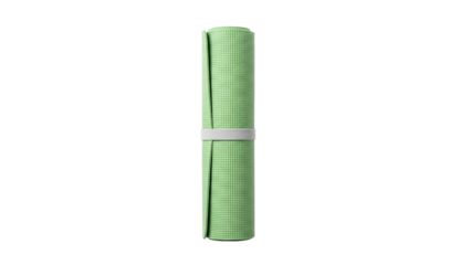 Studio image of a rolled up yoga mat, clean texture, high key white background