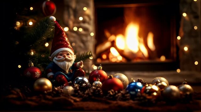 A festive scene featuring a gnome figurine in front of a Christmas tree adorned with ornaments and lights. The gnome is wearing a Santa hat and has a white beard and mustache.