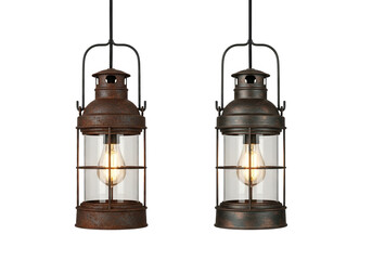 Rustic weathered metal pendant lights, vintage Edison bulbs png isolated on transparent background