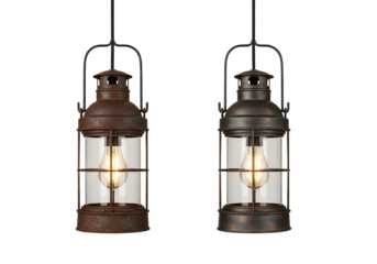 Rustic weathered metal pendant lights, vintage Edison bulbs png isolated on transparent background