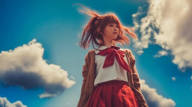 Anime Girl in School Uniform Gazing at the Sky.