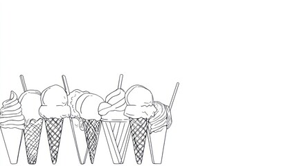 Black and white line drawing of seven ice cream cones, standing side by side