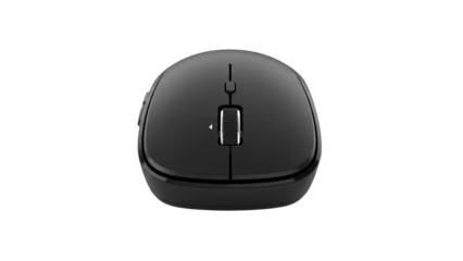 Isolated small black wireless computer mouse, peripheral device, white background
