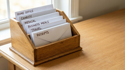 wooden organizer with categorized envelopes on a desk in a bright home office setting