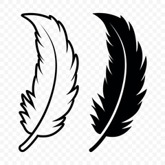 Vector Black and White Silhouette Fluffy Feather Icons. Silhouette Feather Closeup, Isolated. Flamingo, Angel, Bird Feather Design Template. Lightness and Freedom Concept