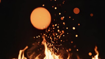 Bright burning fire with flying sparks and glowing embers. Intense flames rising in darkness. Warm energy and heat visualization for backgrounds or dramatic effects.
