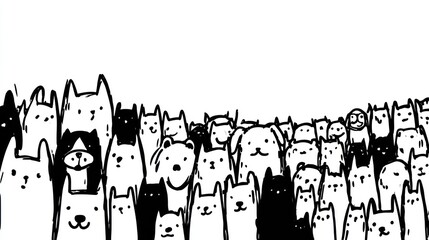 Black and white illustration of a large crowd of cute, cartoonish animal faces