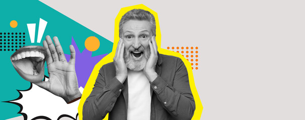 A man with a gray beard shows excitement while holding his face with both hands. The background features a colorful collage of shapes and patterns that enhance the lively atmosphere.