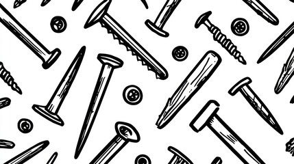 Naklejka premium Hand-drawn monochrome repeating pattern with various types of nails and screws