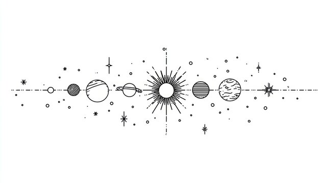 Artistic depiction of the solar system, featuring planets, stars, and the sun in a linear arrangement