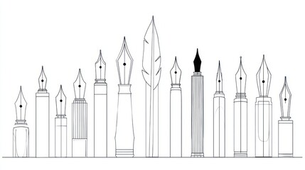 Line drawing of various fountain pen nibs and a feather, arranged horizontally