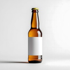 A single amber glass beer bottle with a blank white label and gold cap on a plain background.
