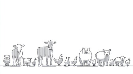 Naklejka premium Monochrome illustration of farm animals in a neat row, with simple lines