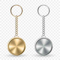 Vector 3d Realistic Metal Keychain Mockup Set in Gold and Silver, Isolated. Blank Round Metal Keychain for Branding, Souvenir Design, Logo Template, Gift Promotion. Vector Illustration