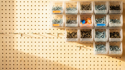 organized wall with screws and bolts in clear plastic containers in a well-lit workshop