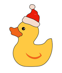 Rubber duck in Christmas hat. Flat cartoon vector illustration isolated on white.