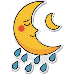 Obraz premium Crescent moon with a face and closed eyes sheds blue raindrops with a smaller moon in the background on a transparent background